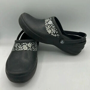 Black Crocs Clogs with White Floral Band - Comfortable Work Shoes size 10